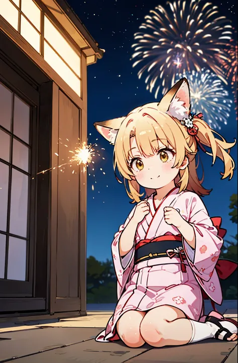 irohaisshiki, Isshiki Iroha, long hair, brown hair, (brown eyes:1.5), smile,animal ears　fox ears,animal caudal fin　fox tail,flower hair ornament,Yukata with yellow floral pattern,long skirt,Zori sandals,firework in the night sky,firework,The place is a fir...