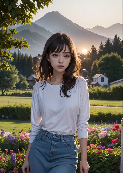 There are two women standing in a meadow at dusk.、16 years old、cowboy shot、medium long hair、I have bangs、Jeans on a t-shirt、sweater and long skirt、View Camera、There are purple and pink flowers around.、There is a farmhouse a little far away.、A small moon ri...