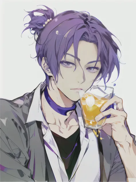 anime drawing of a man drinking a glass of orange juice, with a drink, purple drank, holding a drink, hajime yatate, is ((drinking a cup of tea)), 2 d anime style, shigenori soejima illustration, jojo anime style, anime moe artstyle, kuvshinov, drinking be...