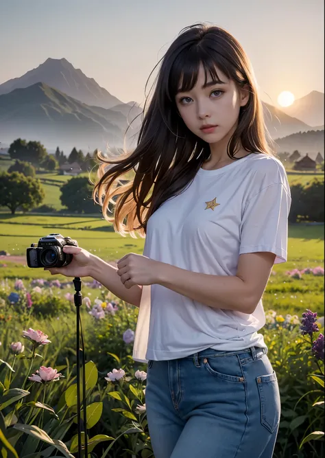 There are two women standing in a meadow at dusk.、16 years old、cowboy shot、medium long hair、I have bangs、Jeans on a t-shirt、sweater and long skirt、View Camera、There are purple and pink flowers around.、There is a farmhouse a little far away.、A small moon ri...