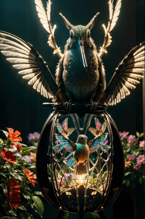 (best quality,highres,ultra-detailed),(realistic,photorealistic:1.37),mechanical hummingbird,plasma-sipping,fantastical,vivid colors,portraits,fluorescent flowers,light source,bokeh,surreal lighting,masterpiece:1.2