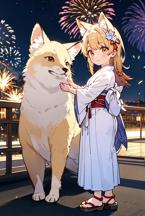 irohaisshiki, Isshiki Iroha, long hair, brown hair, (brown eyes:1.5), smile,animal ears　fox ears,animal caudal fin　fox tail,flower hair ornament,Yukata with yellow floral pattern,long skirt,Zori sandals,firework in the night sky,firework,The place is a fir...