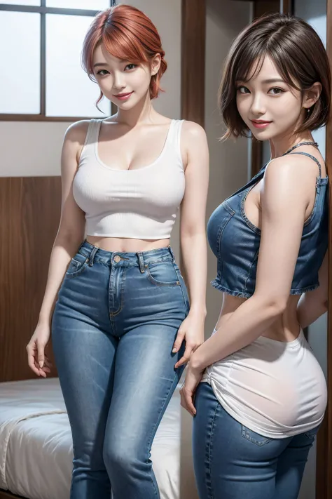 8k, masterpiece, original photo, best quality, realistically, Extremely detailed CG unified 8k, 8k, diamond, and wallpaper, depth of field, Light, 镜头Light晕发Light, Light线追踪, super maria dress （low cut、Tight （ultrashort，Denim hot pantull bodyesbian)),((Leg l...