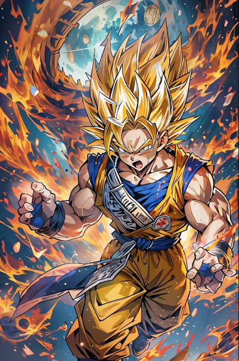 Dragon Ball、Sun Wukong、I'm sad、cool、cool、(((Super Super Saiyan)))、(((the flames are burning)))、universe、(((memorial、crying face)))、climax、Great、universe最強、8k、Highest image quality、Super detailed、Cosmo、Milky Way、Kamehameha、blue hair color