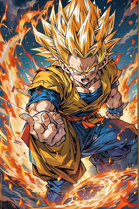 Dragon Ball、Sun Wukong、I'm sad、cool、cool、(((Super Super Saiyan)))、(((the flames are burning)))、universe、(((memorial、crying face)))、climax、Great、universe最強、8k、Highest image quality、Super detailed、Cosmo、Milky Way、Kamehameha、blue hair color