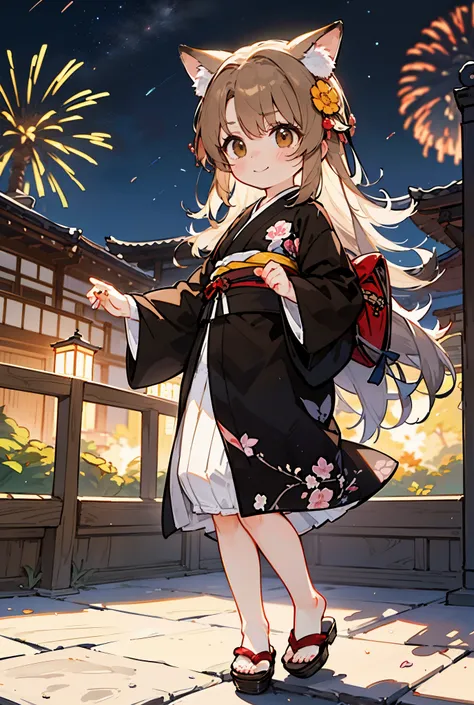 irohaisshiki, Isshiki Iroha, long hair, brown hair, (brown eyes:1.5), smile,animal ears　fox ears,animal caudal fin　fox tail,flower hair ornament,Yukata with yellow floral pattern,long skirt,Zori sandals,firework in the night sky,firework,The place is a fir...