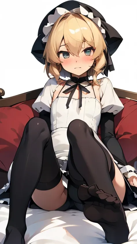 Marisa Kirisame, black stockings, foot control, raised feet, masterpiece, best quality, shy lolita, cute, flat-chested master&#39;s work, raises legs, sits on bed, short hair, blushing blonde