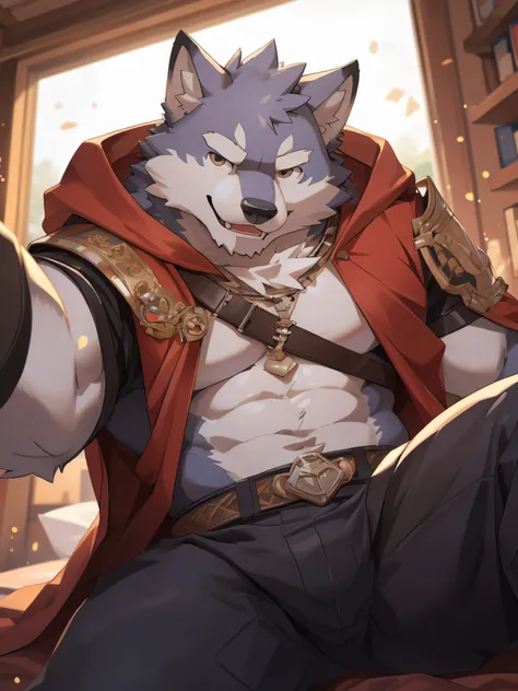 absurdres, Perfect Anatomy, (ultra detailed), sharp focus, niji, eyesgod, black eye, furry, light-white fur, brown fur, white beard, anthro (wolf), male, middle-aged, gray body, white belly, tail, muscular, knight costume, long red cherry cloak, ultra deta...