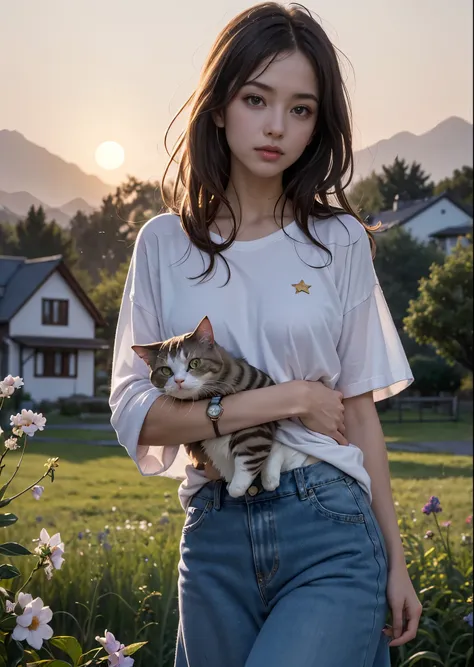 there is a woman standing in a meadow at dusk holding a cat.、14 years old、cowboy shot、medium long hair、i have bangs、jeans on a t...