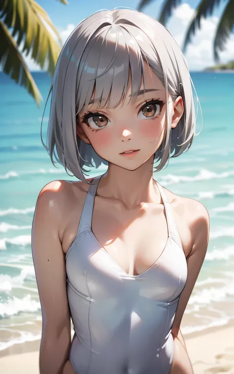 absurderes:2.0、realistic, Unity 8K Wallpaper, Masterpiece, Realistic face, Realistic skin feeling ,detailed hair, highly detailed, realistic glistening skin, Cute Girl, Perfect face, charming face, sunny beach, looking up flirtatiously, ((all white racing ...