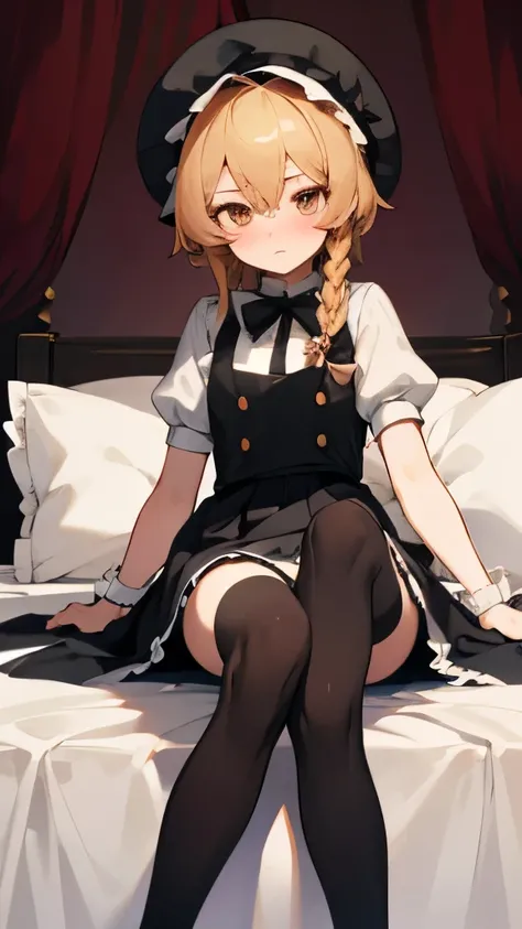 Kirisame Marisa, black stockings, foot control, raised feet, masterpiece, best quality, shy lolita, cute, flat-chested master&#39;s work, raises legs, sits on bed, short hair, blushing blonde, long braid on right side, bow shirt, golden eyes