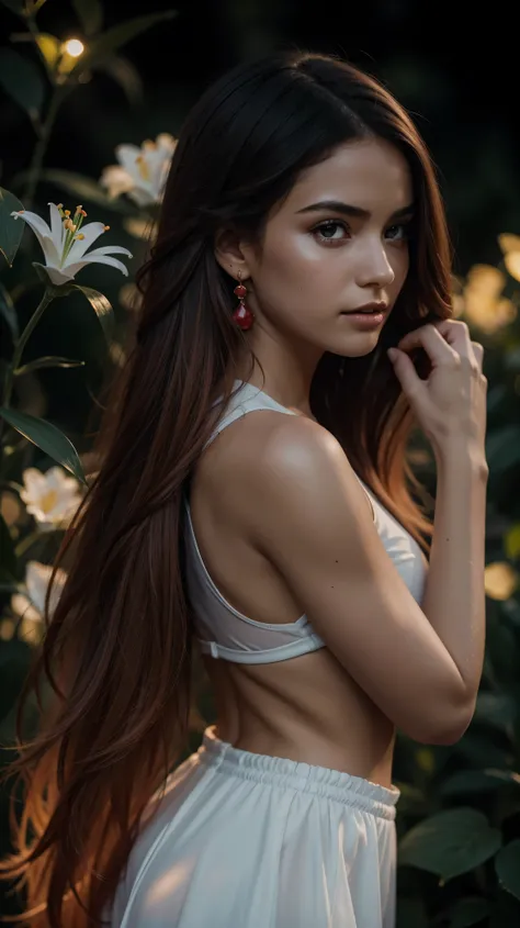 Beautiful realistic girl with BRIGHT WHITE and red long hair.... ,Close-up of clean skin with detailed skin ,full length,in a short miniskirt,on an orange background,Against the background of the starry sky,bright makeup,EARRINGS WITH GLITTERS,two-leaf gra...