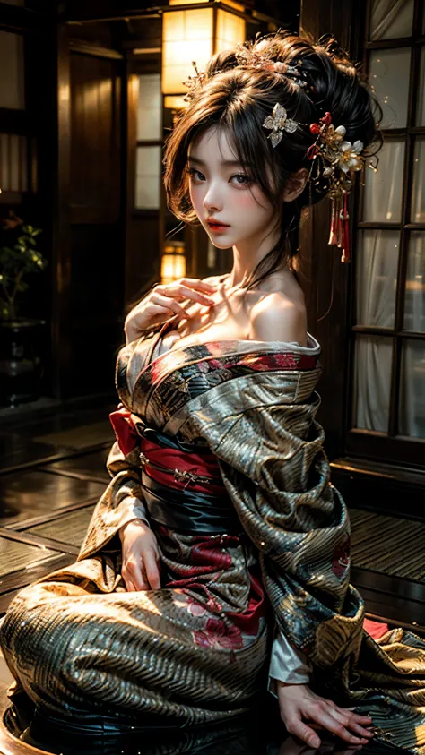 In a futuristic scene, Geisha in Japan with mechanical reinforcement、Elegant in elaborate gardens. She has beautifully detailed eyes and lips that complement her face. Geishas wear traditional kimonos with intricate patterns and designs. Around her are bri...