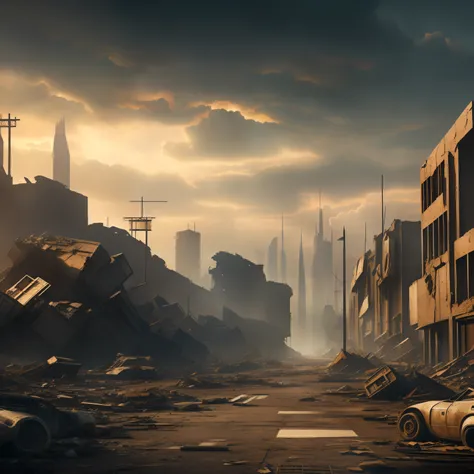 Armageddon，waste，scattered cities，Low complexity，Very realistic concept art，painter art concept，The sky is gloomy and gloomy.，deserted road，The rubble was randomly scattered.