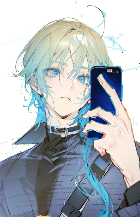 anime character with blue hair holding up a cell phone, 2 d anime style, tall anime guy with blue eyes, delicate androgynous prince, beautiful androgynous prince, looking at his phone, accidentally taking a selfie, ((blue)), with blue skin, in an anime sty...