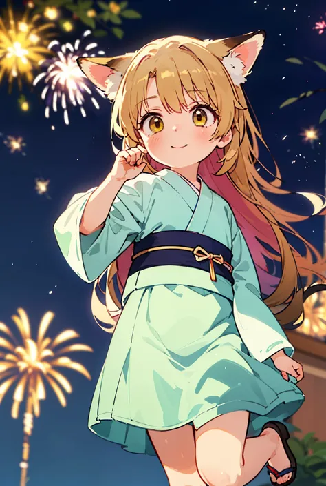 irohaisshiki, Isshiki Iroha, long hair, light brown hair, (brown eyes:1.5), smile,animal ears　fox ears,animal caudal fin　fox tail,flower hair ornament,Yukata with yellow floral pattern,long skirt,Zori sandals,firework in the night sky,firework,The place is...