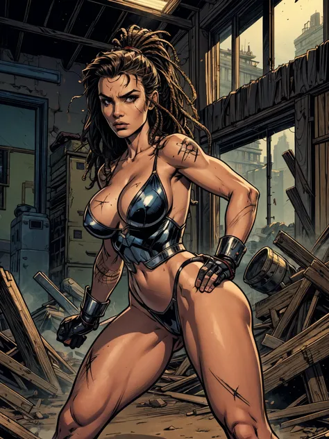 {{Masterpiece}}, A pretty young woman with big firm breasts, narrow waist, wide hips, strong thighs, strong firm butt, North American type, in a world after an atomic apocalypse, a warrior woman with black wild dreadlocks, armor made of fur and scrap metal...