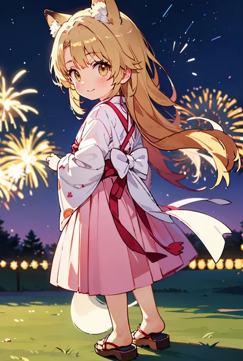 irohaisshiki, Isshiki Iroha, long hair, light brown hair, (brown eyes:1.5), smile,animal ears　fox ears,animal caudal fin　fox tail,flower hair ornament,Yukata with yellow floral pattern,long skirt,Zori sandals,firework in the night sky,firework,The place is...