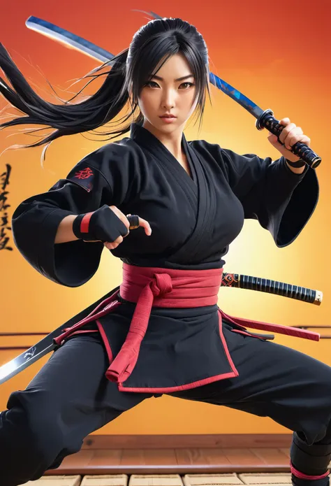 anime style, lots of details, young female female ninja, random color hair straight blowing in the wind, random color eyes, she is in dojo training with ninja weapons (random between nunchako, shurikens, katana), random colored clothes, with a neckline tha...