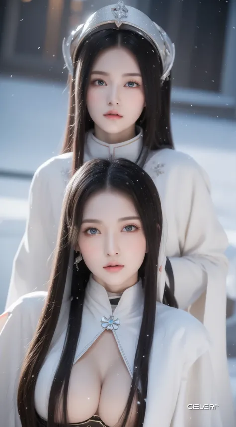 perfect figure beautiful girl:1.4, 17years old, cleavage, huge breast Layered Hair Style, (Cleric:1.5), Jewelry Decoration, Highly Detailed Face and Skin Textur, double-edged eyelid, Whiten the skin, long hair, (background snow plains), diamond dust,