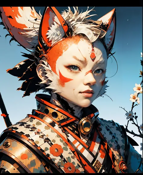 32K UHD QUALITY RESOLUTION, white fox, samurai warrior, highly detailed samurai battle armor and sashimono war flag, blood splattered, cherry blossoms blowing in the wind, post apocalyptic feudal Japan background 