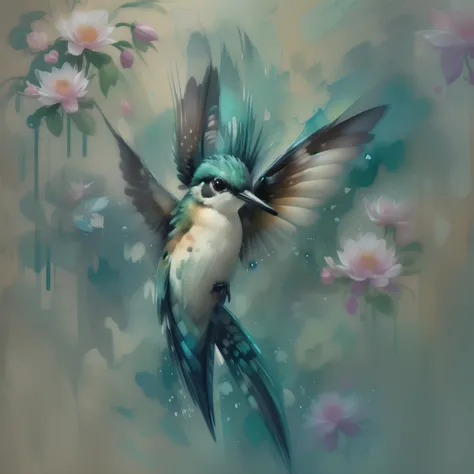 A lifelike hummingbird in vibrant feathers, hovering gracefully over a lotus flower, water painting, background with ample white space, serene, impressionistic, intricately painted wings in motion, captivating, high definition, 4K, showcasing the delicate ...