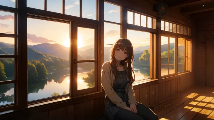 A young woman sitting on the floor in a cozy wooden cabin with big windows. trees outside and sunrise and a little river. meisterwerk. best quality.