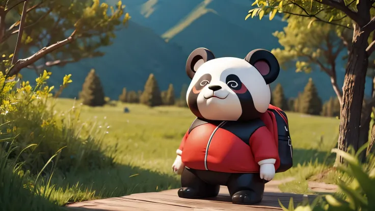 A Panda, wearing Red Shirt, wearing Black Backpack, background Forest and Mountain