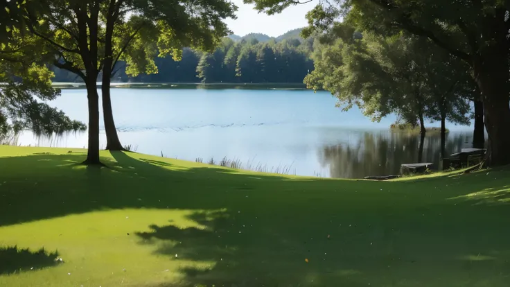 There are one or two trees by the lake，There is a big tree with a shadow on the right，The tree is smaller，The scene is empty and the trees are green，Clear water，tree shadow small，Shooting from above，There is a large area of grass that is illuminated by the...