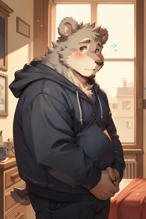 gray bear man, hoodie, social fear, in the dormitory, looking shyly at the camera, male, blush, slightly fat, individual