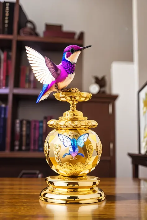 (masterpiece, best quality:1.2), there is a crystal hummingbird on the money tree