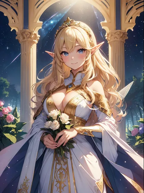 highest quality、fairy tale、world of picture books、Highest image quality、masterpiece、dynamic angle、bold composition、Titania、Super beautiful elf beauty((22 years old OL big bust、bust 90,beautiful long ironed hair、blonde、Height: 165cm。slender、sexy、Esbian、beau...