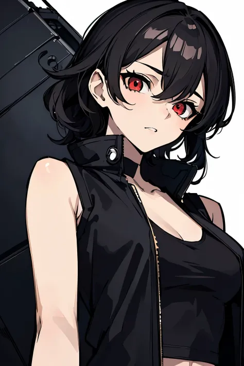 (masterpiece, best quality), 1girl, single character, female, young adult, looking down, looking sideways, looking at camera, camera from below, straight face, stern, big breasts, dark red eyes, small eyes, black hair, short and curly hair, tomboy, black t...