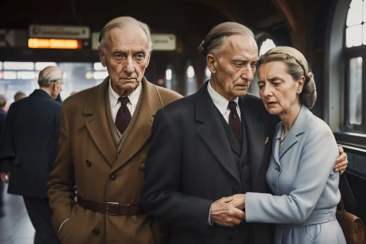 Molching, Germany, 1942. ((((50-year-old)) Hans Hubermann)), very tall, silver eyes, quiet, gentle, hugging his wife in a train station, ((((fear and sadness expression)))). ((((poor clothings from the 1940s)))), ((hairstyle of the 1940s))