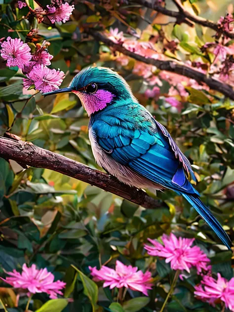 a blue bird flies near pink flowers, digital rendering, hummingbird, beautiful nature, living nature, painting of a hummingbird,...