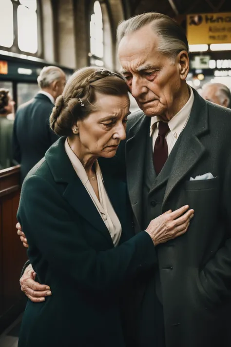 Molching, Germany, 1942. ((((50-year-old)) Hans Hubermann)), very tall, silver eyes, quiet, gentle, hugging his wife in a train station, farewell, ((((fear and sadness expression)))). ((((poor clothings from the 1940s)))), ((hairstyle of the 1940s))