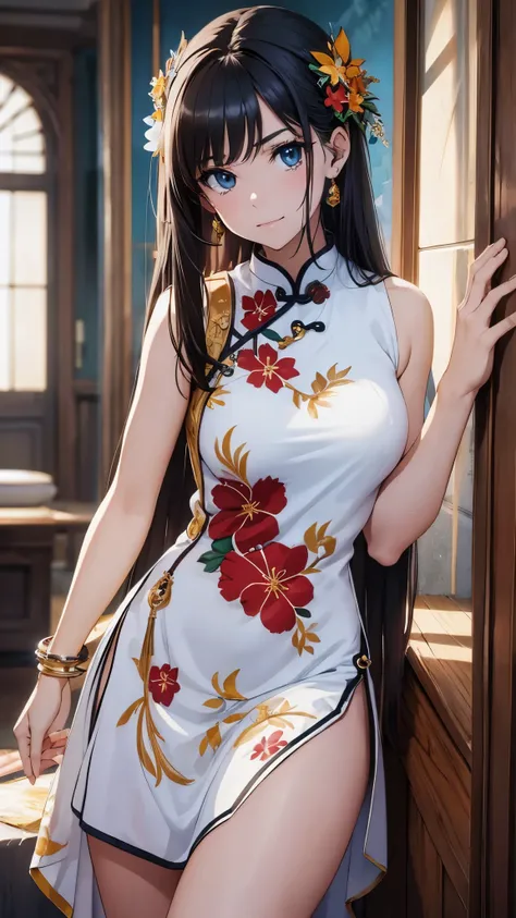 (((masterpiece,highest quality,超A high resolution))),1 female, ,beautiful breasts,12 years old,,(((embarrassed look))),(((highest quality,4k,In 8K))),((close your mouth)),(((White see-through cheongsam)),