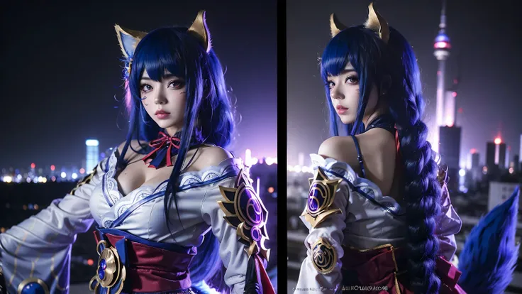 Mujer de cabello rubio vestida de blanco y negro sosteniendo una bandera blanca., Anime Girl Cosplay, Anime de cosplay, (Ahri de League of Legends:1.4), Holo es una chica lobo, cosplay, Hembra peluda mini estilo lindo, Chica gato blanco, Ahri, Seraphine Ah...