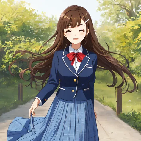 highest quality, (masterpiece:1.2), very detailed, girl１person&#39;s standing, Glossy lips that make you want to kiss, nice smile, brown eyes, (((very long dark brown hair))), 15 years old, big shiny hair clip, school uniform, Dark blue and navy plaid skir...