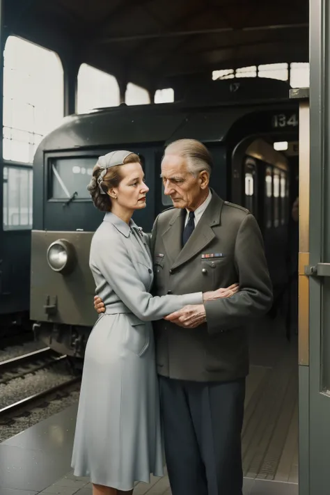 Molching, Germany, 1942. ((((50-year-old)) Hans Hubermann)), very tall, silver eyes, quiet, gentle, hugging his wife in a train station, farewell, ((((fear and sadness expression)))). ((((poor clothings from the 1940s)))), ((hairstyle of the 1940s)) 