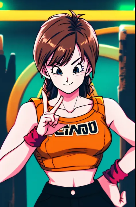 masterpiece, best quality, highres, dragon ball, blmmid, ((brown hair)), crazy hair tied in a braid, crazy bangs, medium breasts...