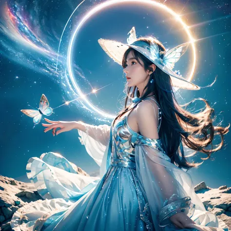 best quality，masterpiece，16k，1girl,aurora,blue eyes,blue hair,constellation,constellation print,diffraction spikes,dress,earrings,earth (planet),fireworks,galaxy,glint,hat,jewelry,light particles,light rays,light trail,long hair,Energy circle,Magic Formati...