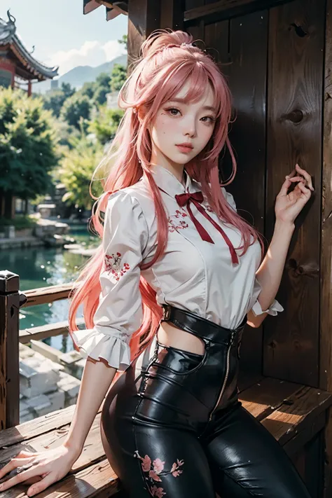 ulzang-6500-v1.1,  (lifelike:1.4), Beautiful and delicate girl, 穿着red hanfu，Tight black pants，（Climb the Great Wall：1.7）Very detailed eyes and face, beautiful and delicate eyes, （whole body 1.3）， （Pink hair 1.2）, super detailed, high resolution, Very detai...