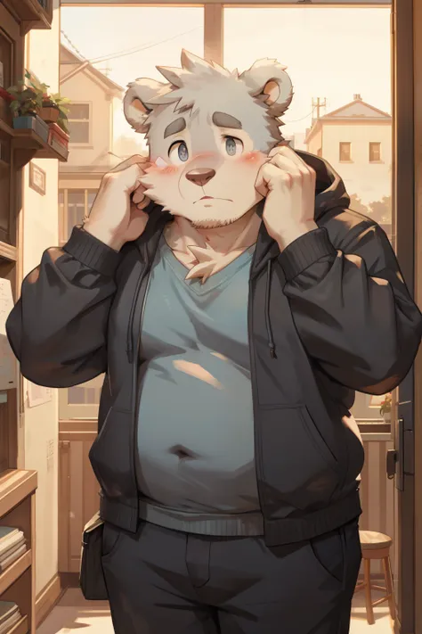 gray bear man, hoodie, social fear, in the dormitory, looking shyly at the camera, male, blush, slightly fat, individual