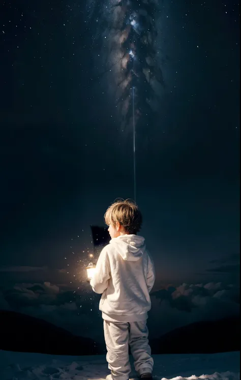 little boy in white sweatshirt，Carrying a light，Shine his hair，Surrounded by fantastic clouds，also illuminated，The majesty of winter snow, sparkling on fluffy clouds，back view，lantern，diffuse reflection