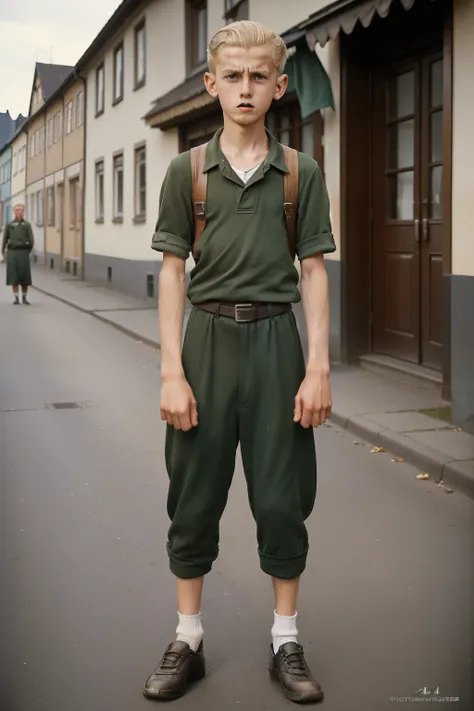 Molching, Germany, 1942. ((((14-year-old)) Rudy Steiner)), thin boy, athletic, bony legs, gangly eyes, in the street, ((((angry expression)))). ((((poor clothings from the 1940s)))), ((light-blond hairstyle of the 1940s))