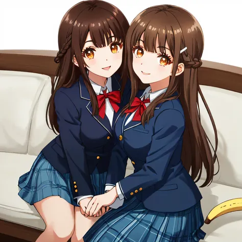 highest quality, (masterpiece:1.2), very detailed, Two girls looking at the viewer, Glossy lips that make you want to kiss, nice smile, brown eyes, (((very long dark brown hair))), Braid arrangement, 15 years old, big shiny hair clip, school uniform, Dark ...