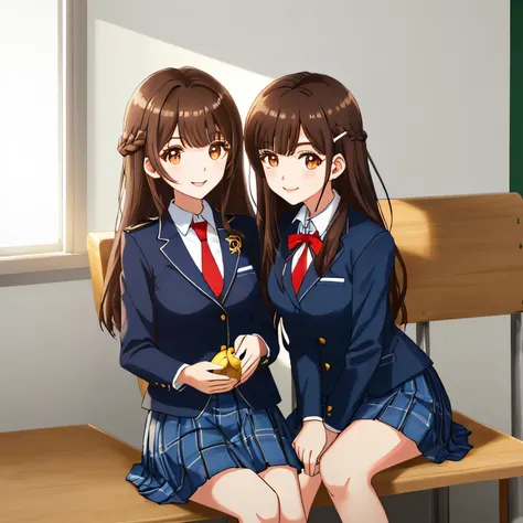 highest quality, (masterpiece:1.2), very detailed, Two girls looking at the viewer, Glossy lips that make you want to kiss, nice smile, brown eyes, (((very long dark brown hair))), Braid arrangement, 15 years old, big shiny hair clip, school uniform, Dark ...