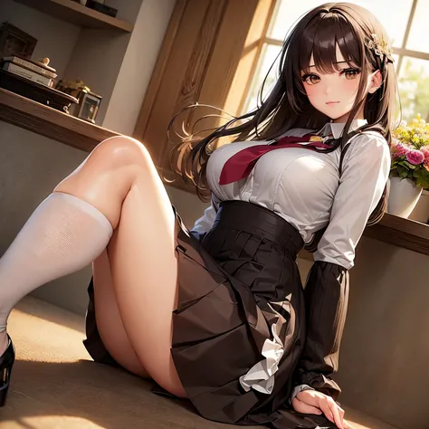 ((masterpiece,intricate details)),realistic, photorealistic,1 girl,mature woman,messy hair,,brown eyes,:3,,,thick thighs,serafuku,tie,pleated skirt,white knee socks,high heels,flower shop, ,,From before,Depth of the bounds written,looking at the viewer,