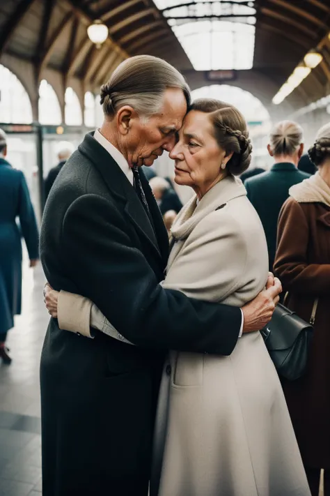 Molching, Germany, 1942. ((((50-year-old)) Hans Hubermann)), very tall, silver eyes, quiet, gentle, hugging his wife in a train station, farewell, ((((fear and sadness expression)))). ((((poor clothings from the 1940s)))), ((hairstyle of the 1940s)) 